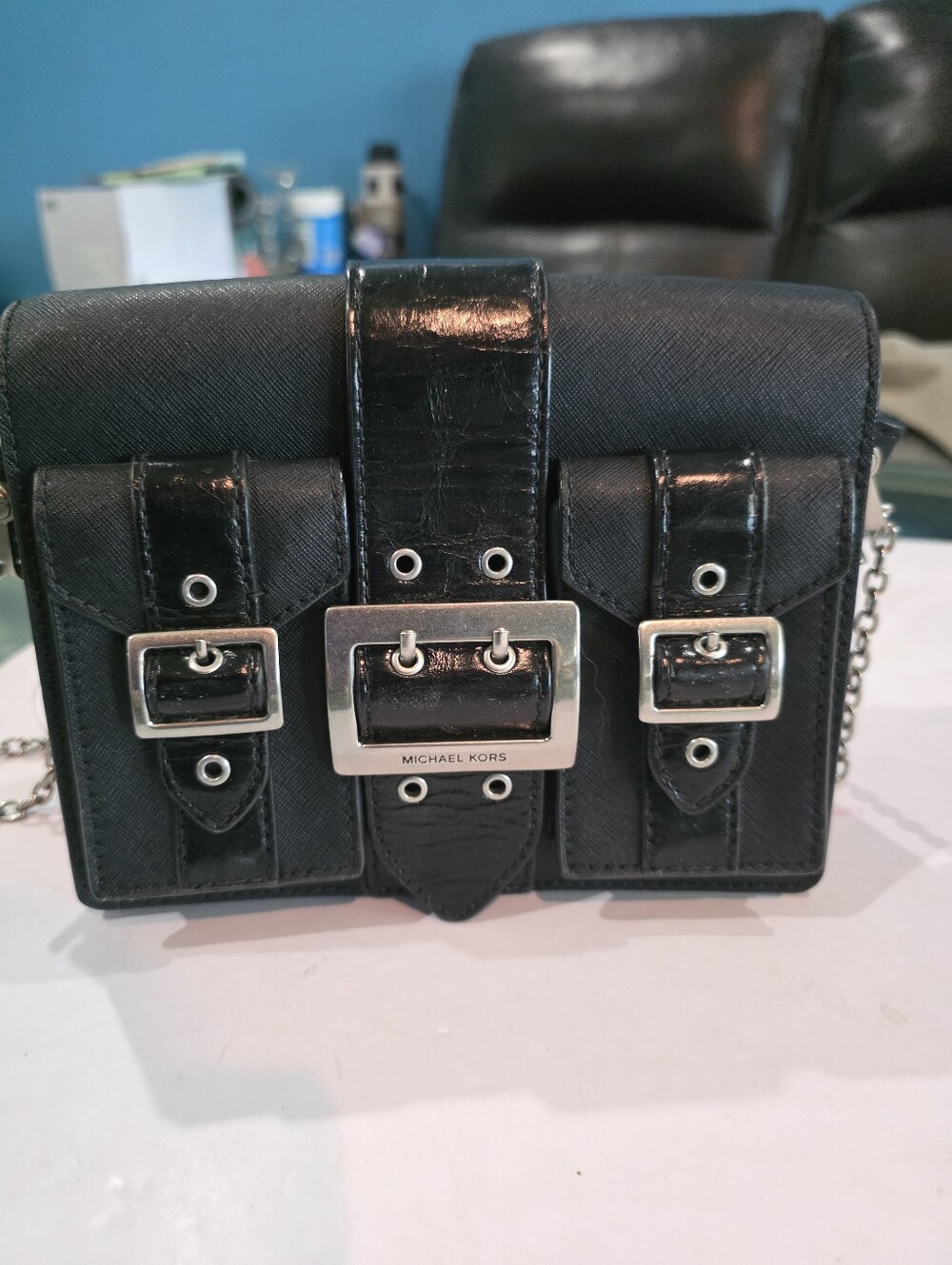 New Michael Kors Black Leather Buckle Pocket Crossbody